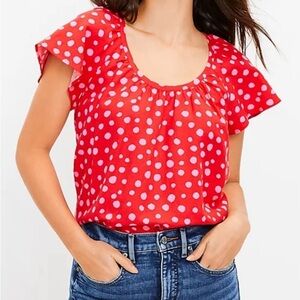 LOFT Red & Pink Zoo Dot Shirred Scoop Neck Top Size XL